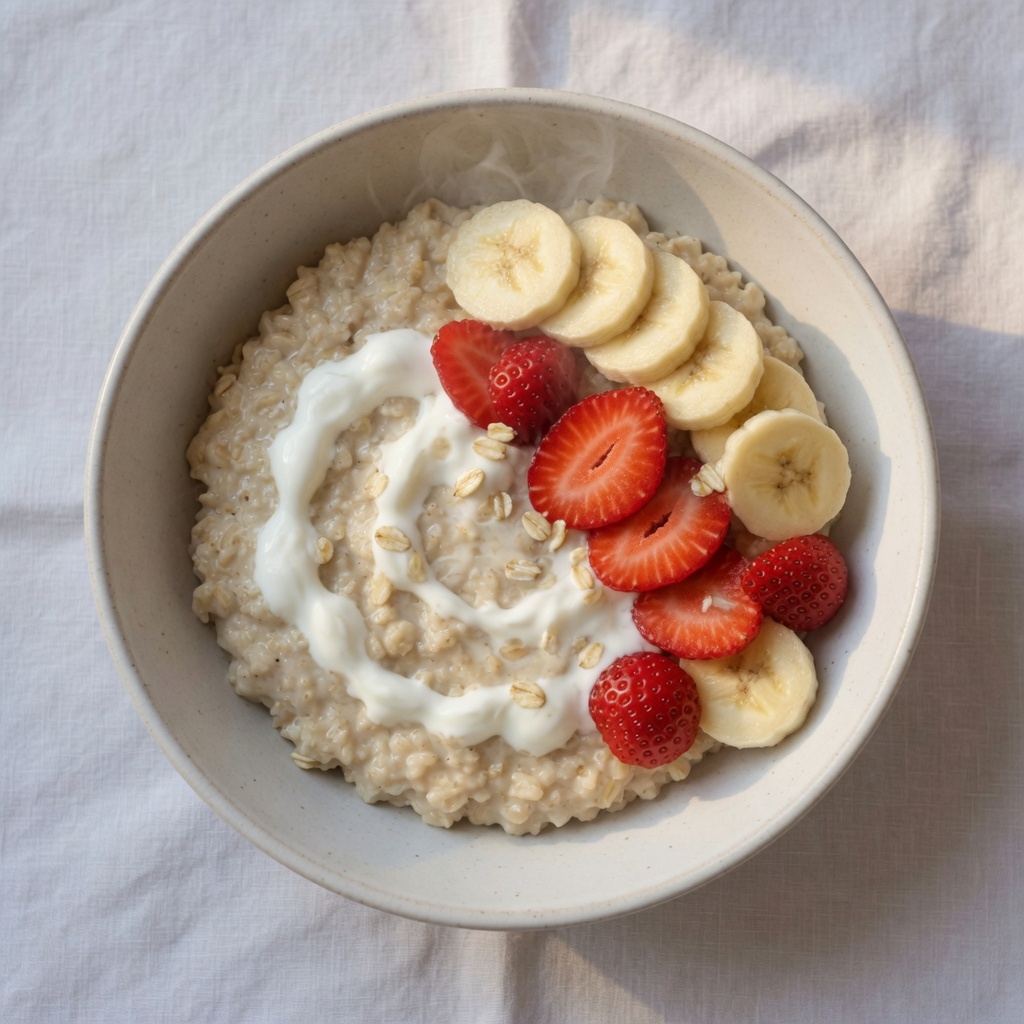 Hot oatmeal with Greek yogurt, banana, and strawberries