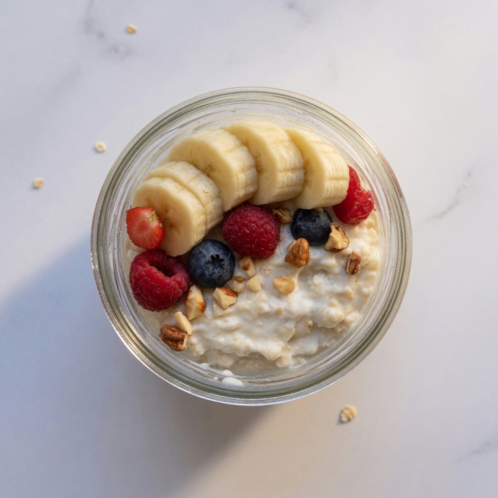 Overnight oats with banana, berries, and nuts
