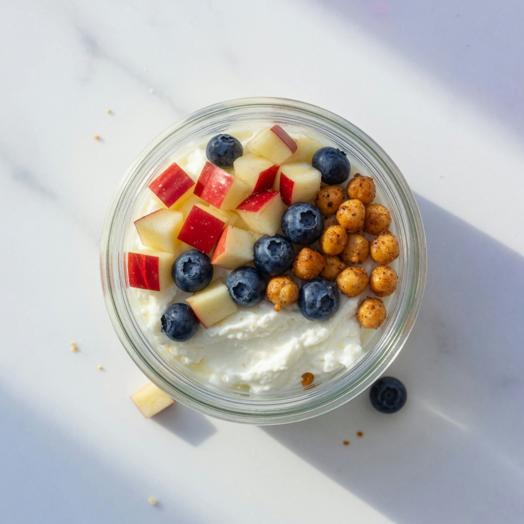 Greek yogurt jar with apple, blueberries, and roasted chickpeas